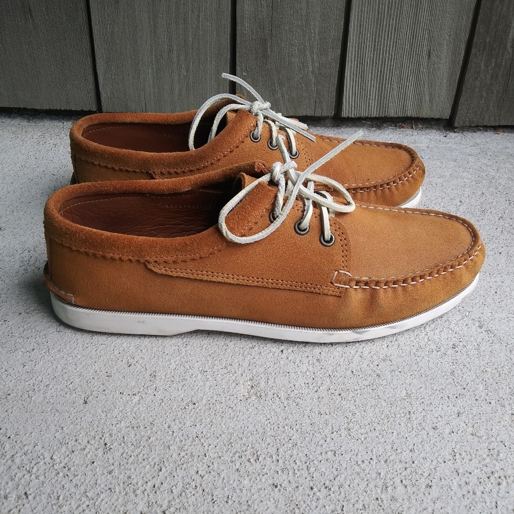 Mens Quoddy Toast Suede Gold Upper Leather Boat Sole Lace up Moccasins Size 10